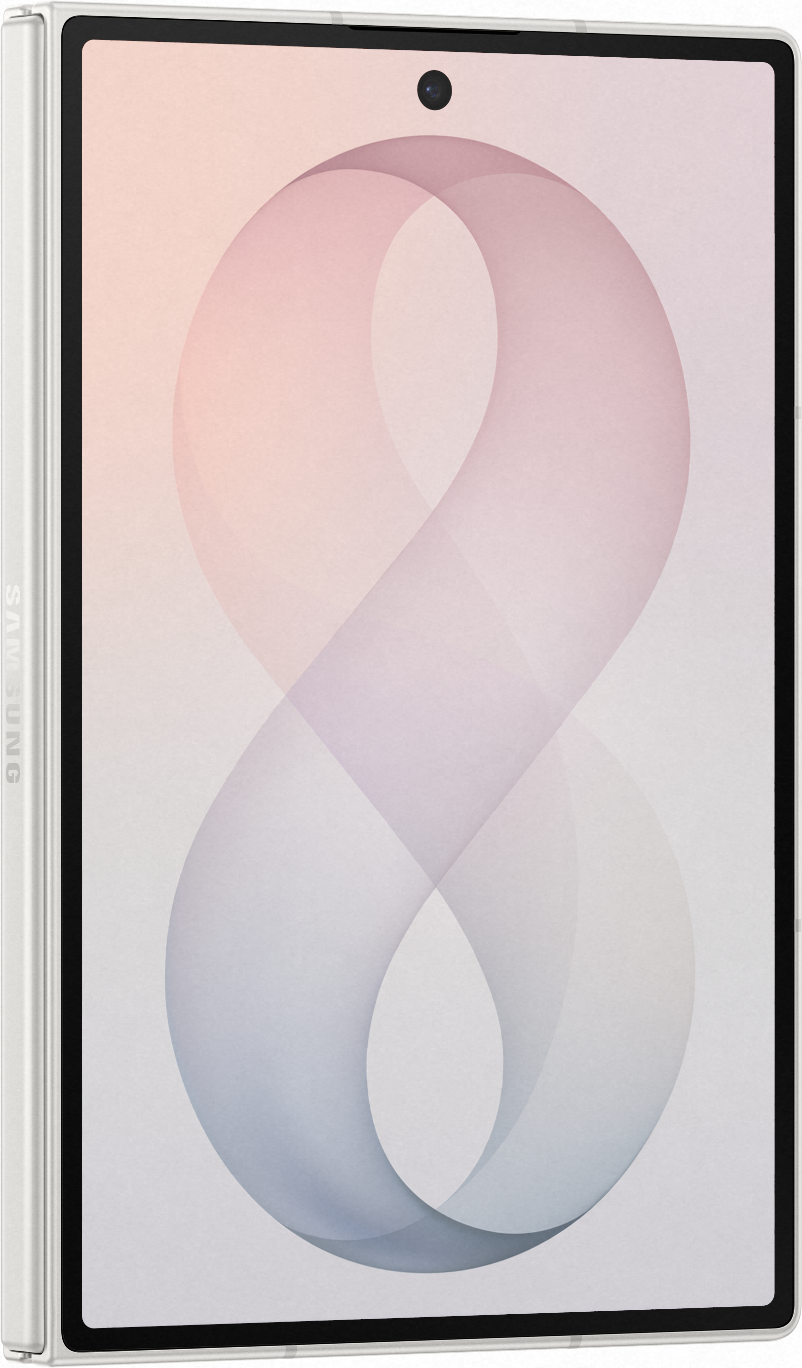Un tablet bianco con cornici sottili e un otto rosa e blu sullo schermo.