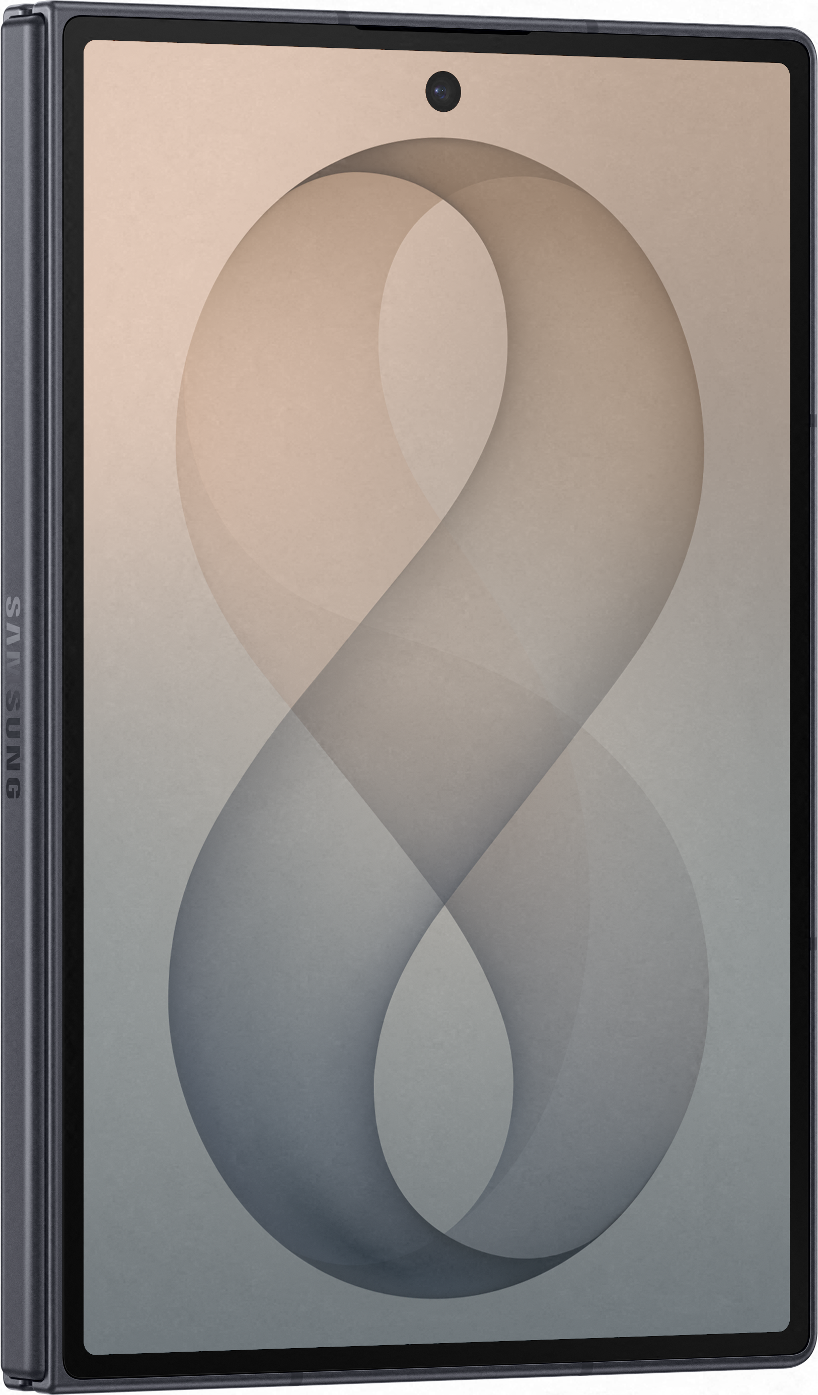 Uno smartphone con cornice scura mostra sullo schermo un motivo astratto a forma di otto nei toni del beige e del grigio.