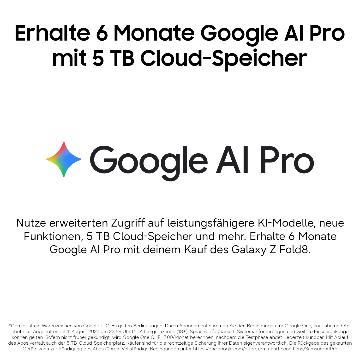 Werbebild für Google AI Pro mit 5 TB Cloud-Speicher, Text und einem bunten, vierzackigen Sternlogo.
