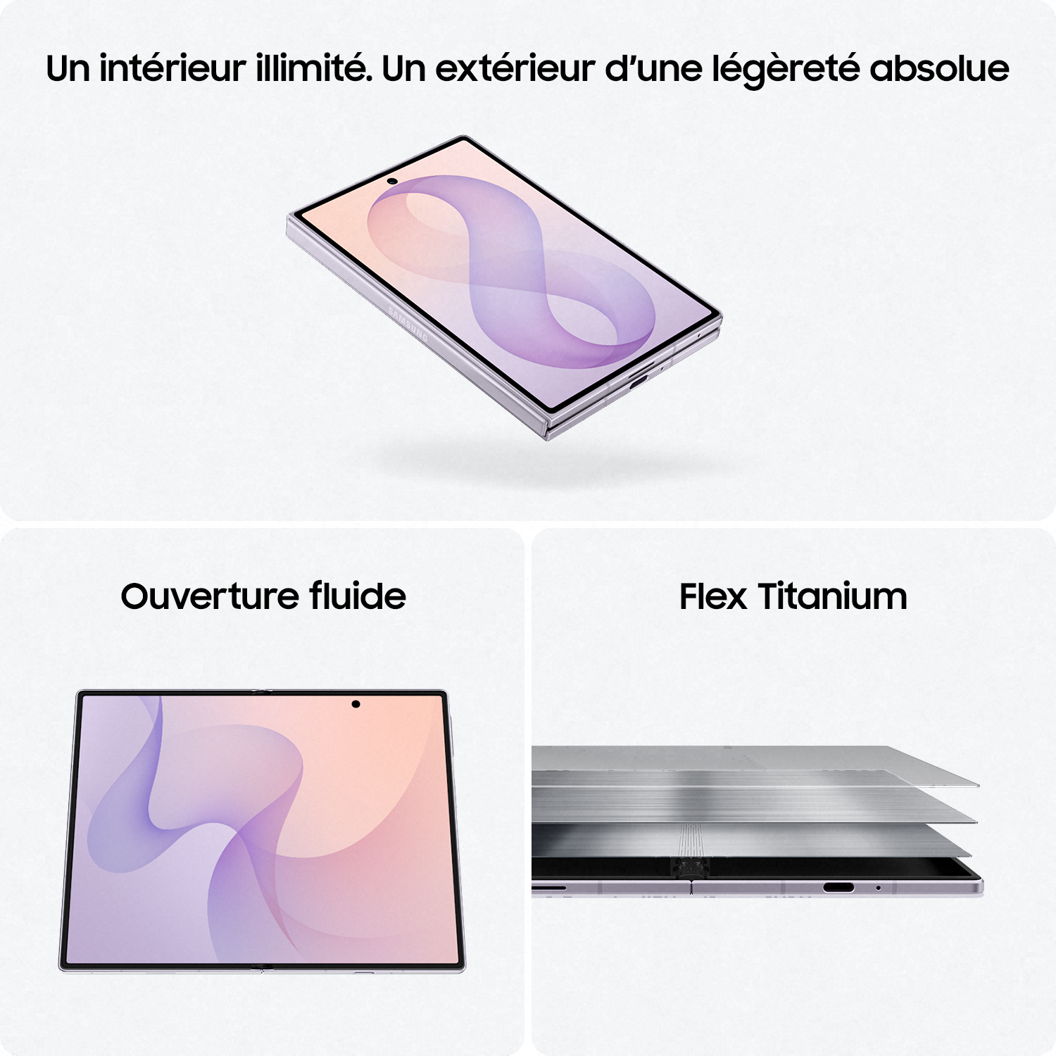 Un smartphone pliable affichant un écran fluide et des couches Flex Titanium sur fond clair.