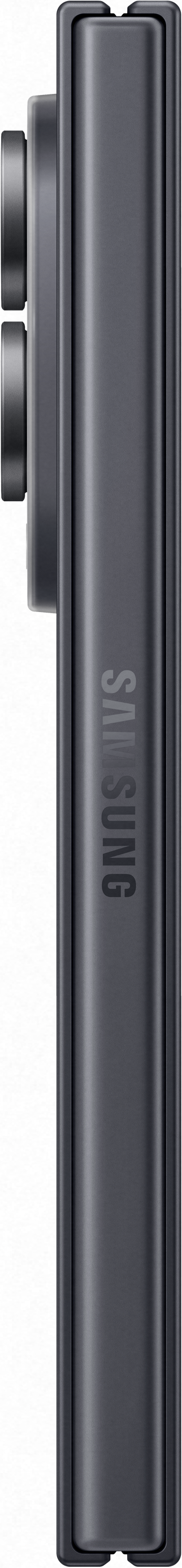 Vista laterale di uno smartphone Samsung grigio chiuso con logo verticale.