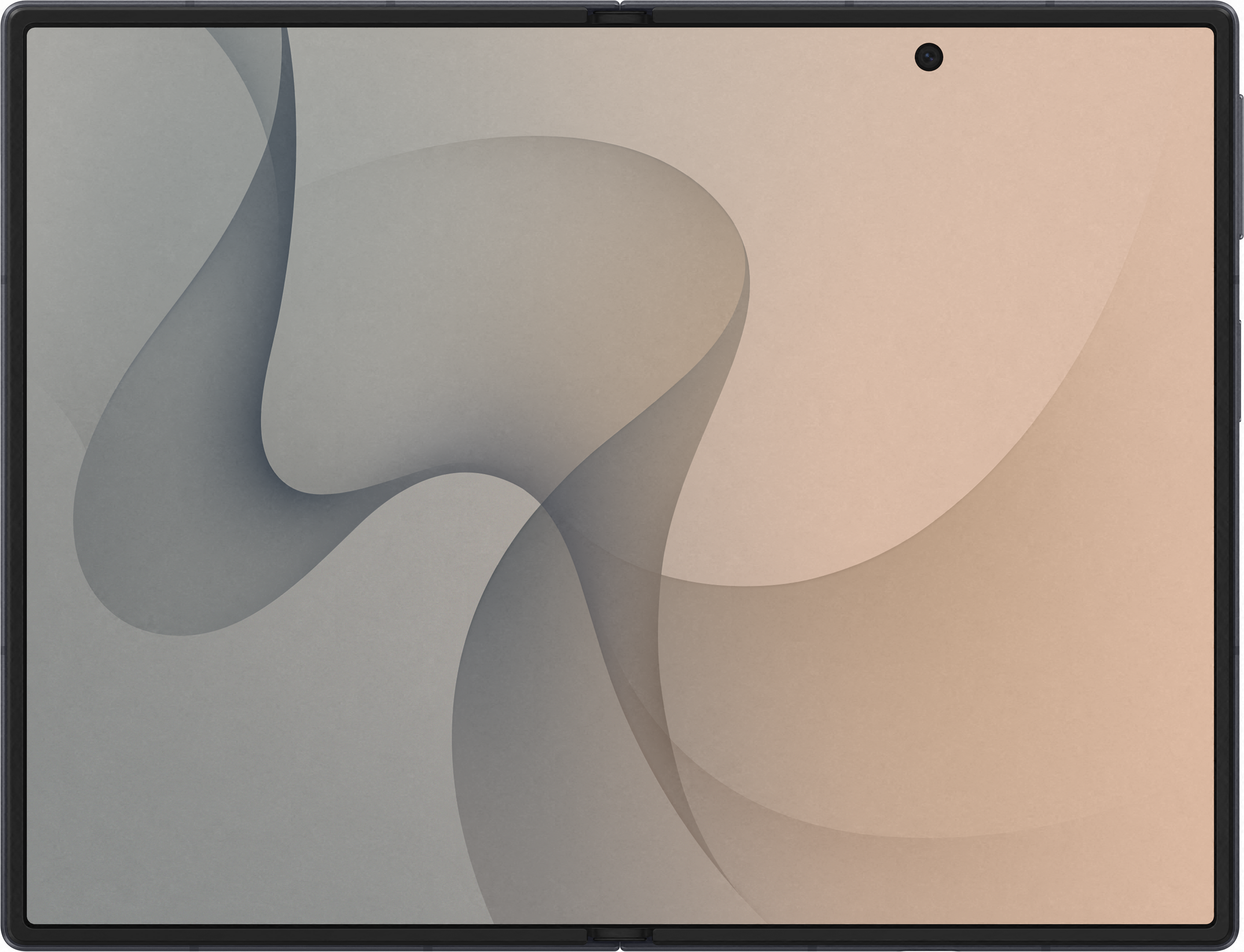 Un tablet pieghevole mostra uno sfondo astratto nei toni del grigio e del beige con linee curve.