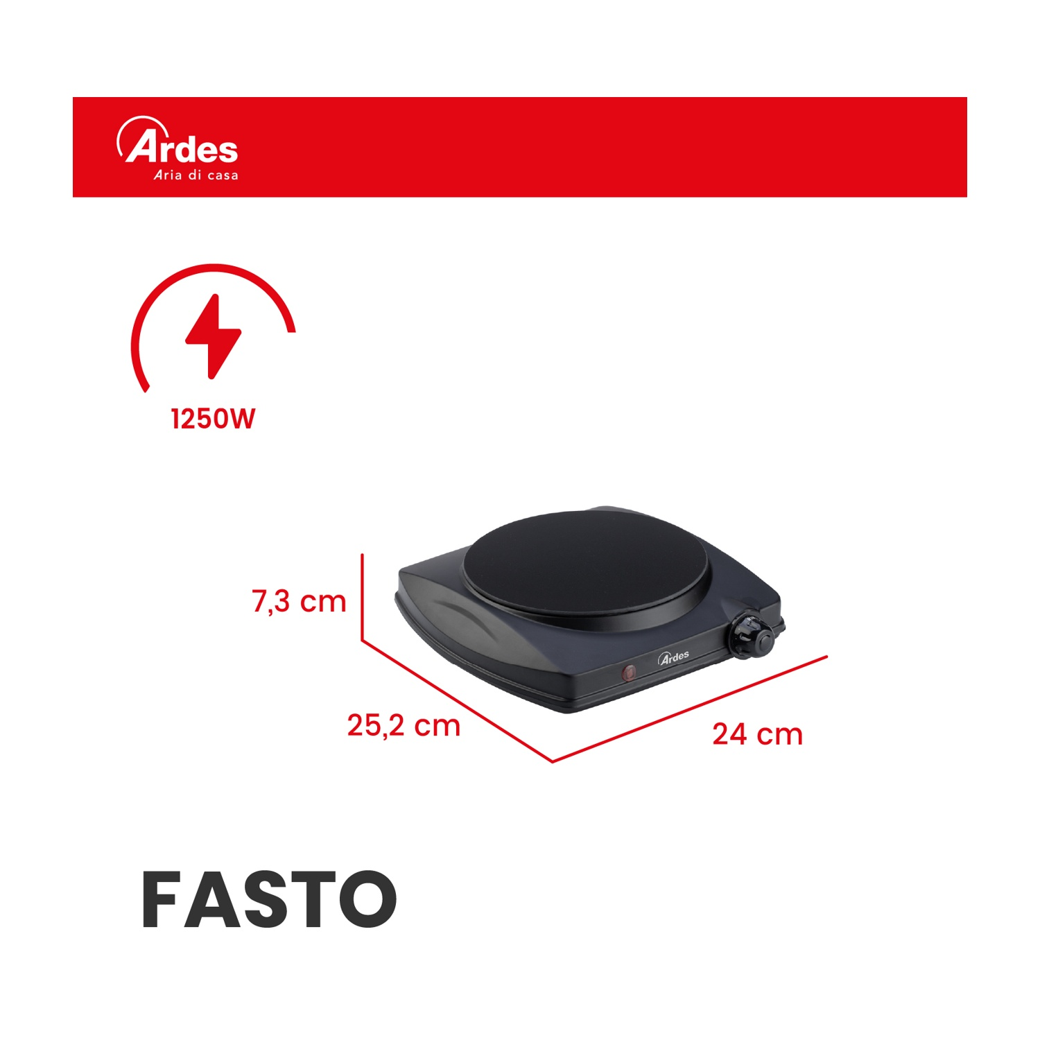 FORNETTO ELETTRICO ARDES FASTO FORNELLO VETROCERAMICA, Assorbimento potenza 1250 W, Zone di cottura 1, Dimensione prima piastra di cottura 192 mm, Nero