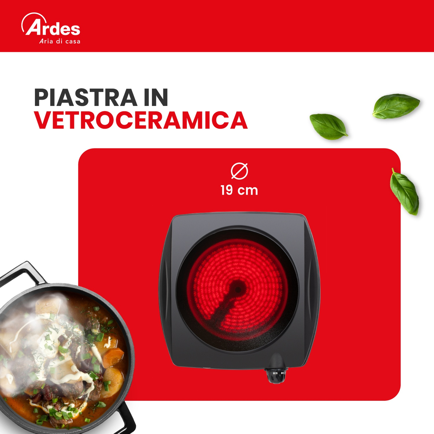 FORNETTO ELETTRICO ARDES FASTO FORNELLO VETROCERAMICA, Assorbimento potenza 1250 W, Zone di cottura 1, Dimensione prima piastra di cottura 192 mm, Nero