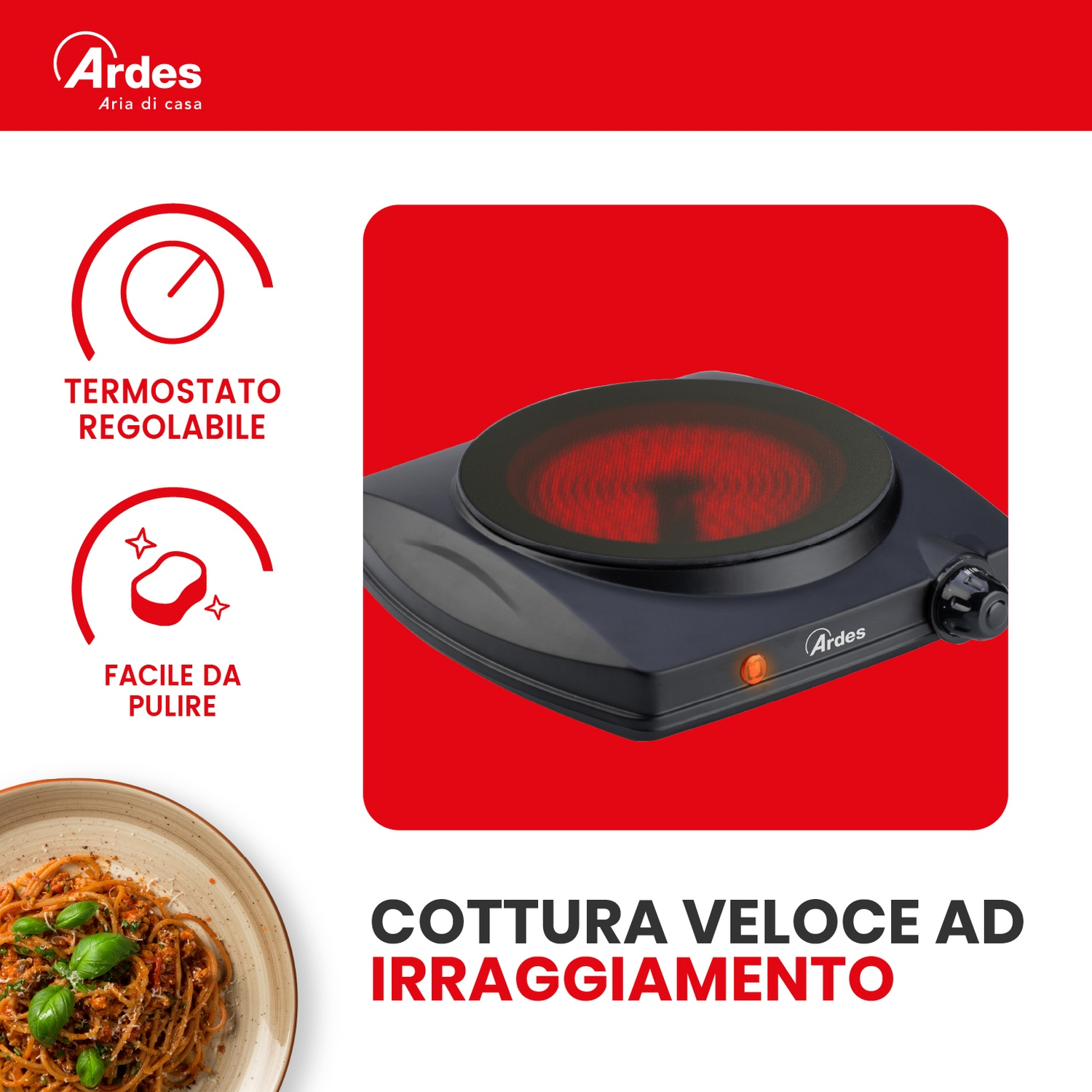 FORNETTO ELETTRICO ARDES FASTO FORNELLO VETROCERAMICA, Assorbimento potenza 1250 W, Zone di cottura 1, Dimensione prima piastra di cottura 192 mm, Nero