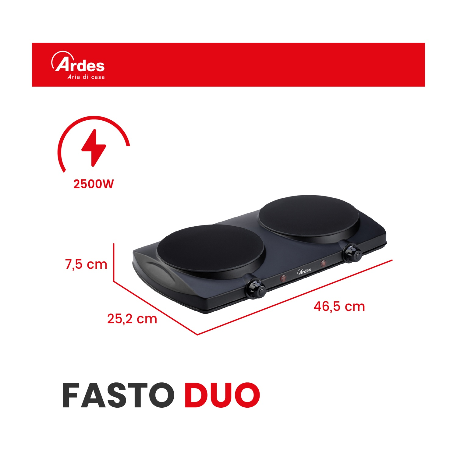 FORNETTO ELETTRICO ARDES FASTO DUO FORNELLO VETROCERAMICA, Assorbimento potenza 2500 W, Zone di cottura 2, Dimensione prima piastra di cottura 192 mm, Nero