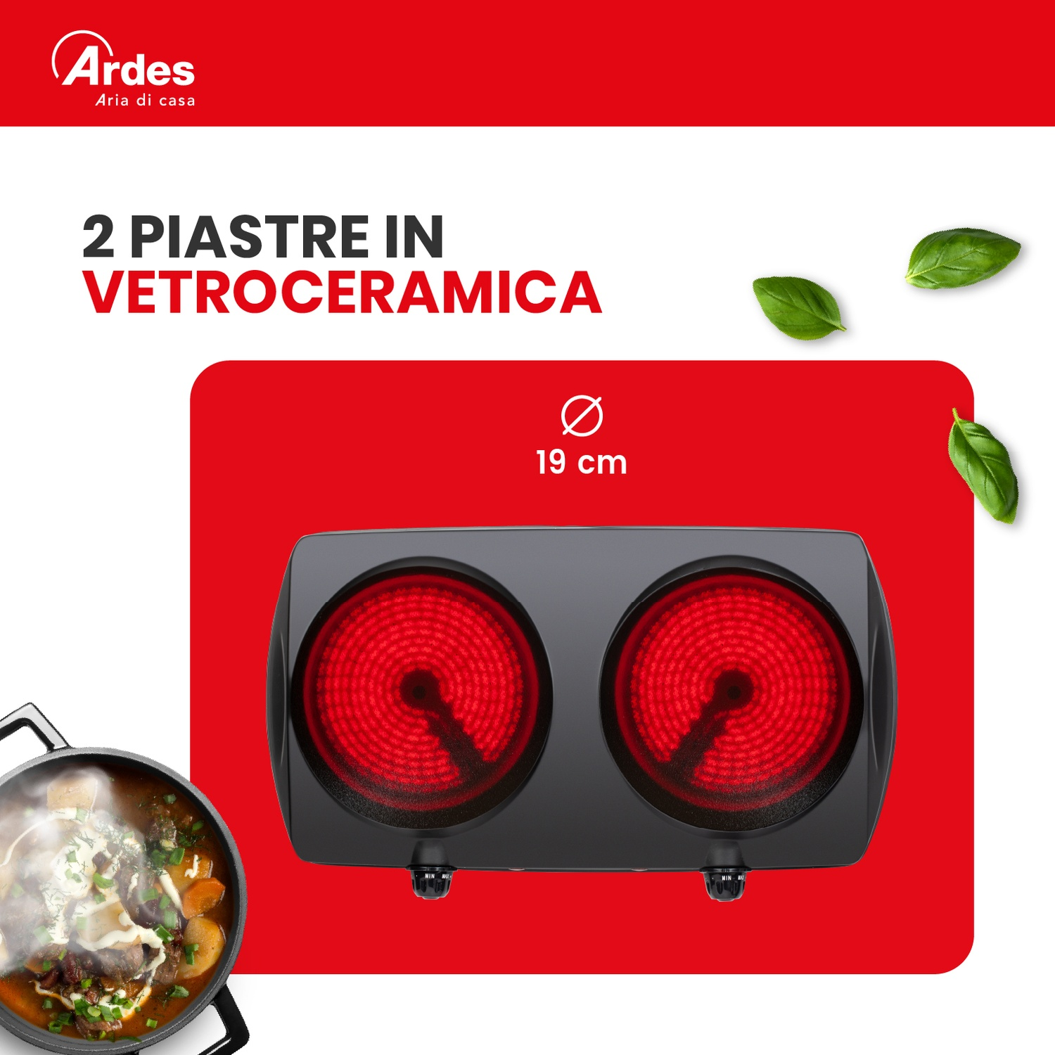 FORNETTO ELETTRICO ARDES FASTO DUO FORNELLO VETROCERAMICA, Assorbimento potenza 2500 W, Zone di cottura 2, Dimensione prima piastra di cottura 192 mm, Nero