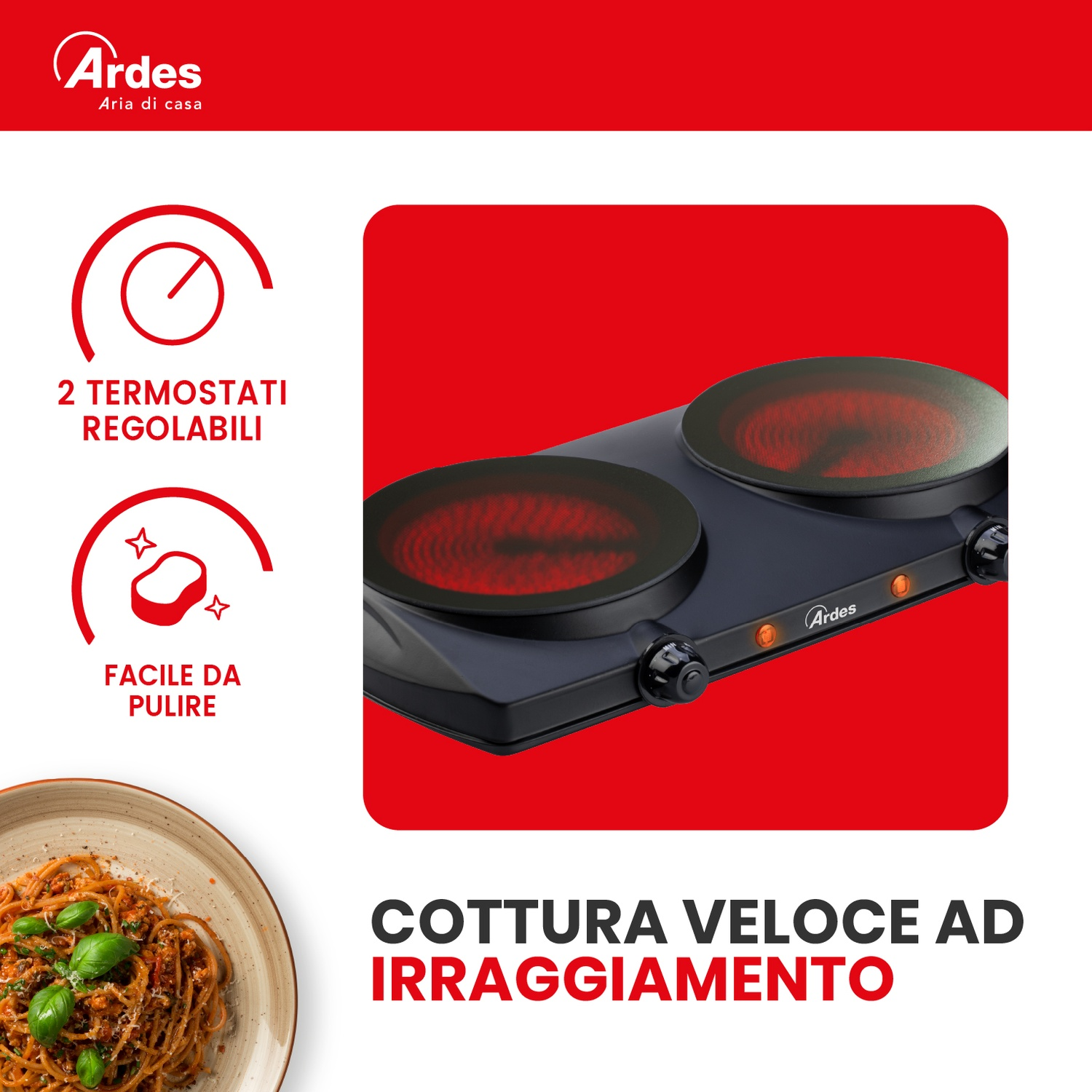 FORNETTO ELETTRICO ARDES FASTO DUO FORNELLO VETROCERAMICA, Assorbimento potenza 2500 W, Zone di cottura 2, Dimensione prima piastra di cottura 192 mm, Nero