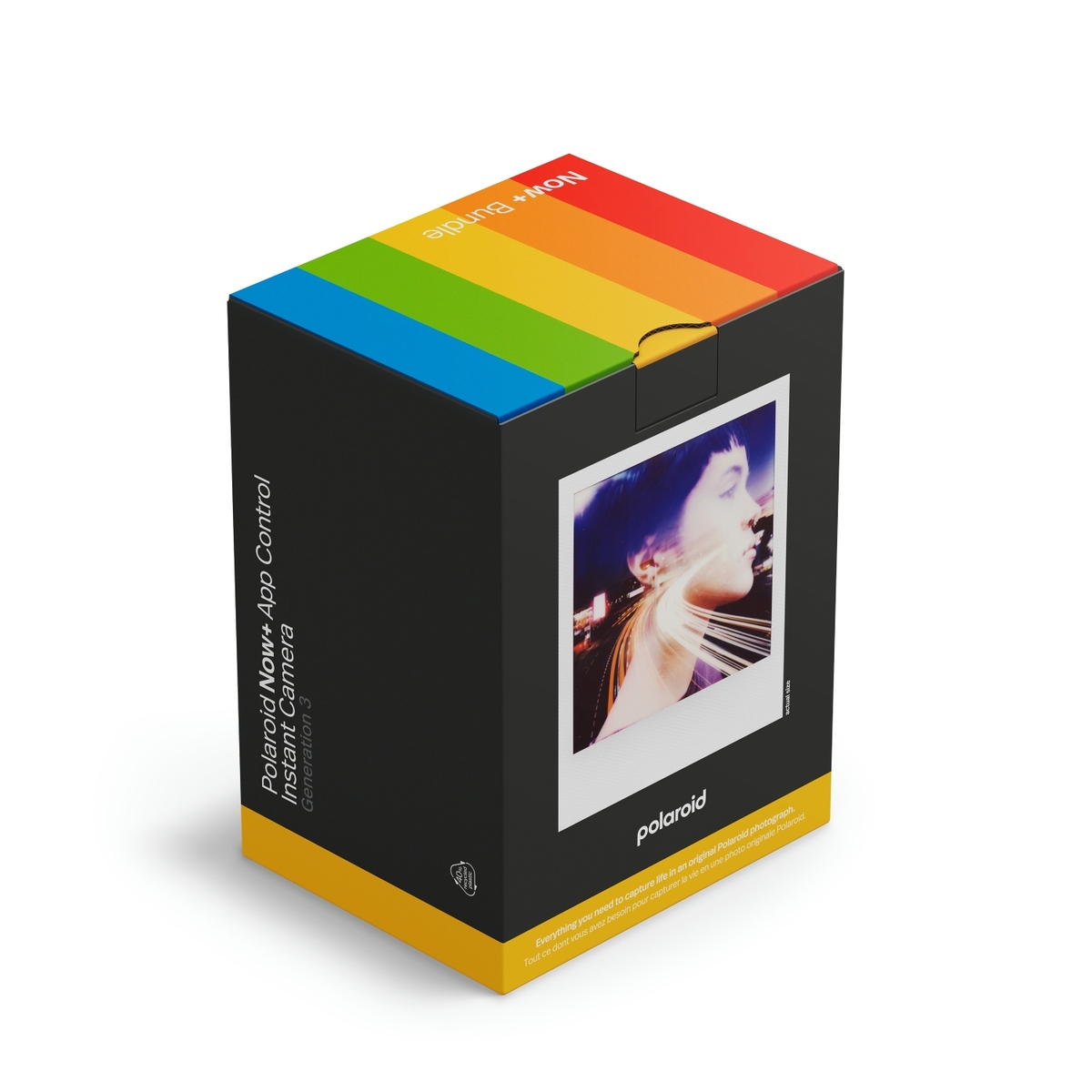 Eine schwarze Polaroid Now+ Kameraverpackung mit einem bunten Regenbogenstreifen und einem Beispielfoto auf der Vorderseite.