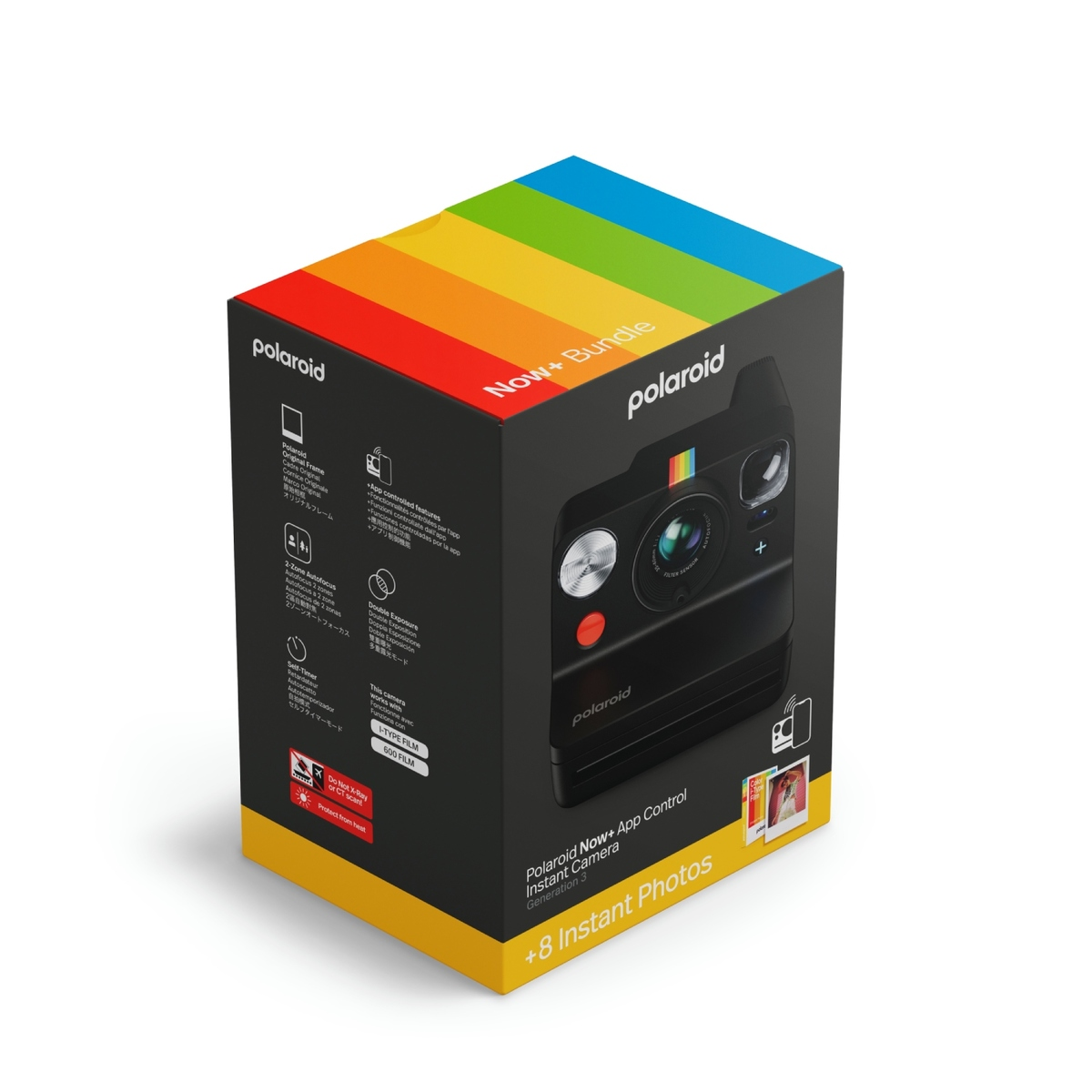 Eine Polaroid Now+ Kamera-Verpackung in Schwarz mit bunten Streifen oben.