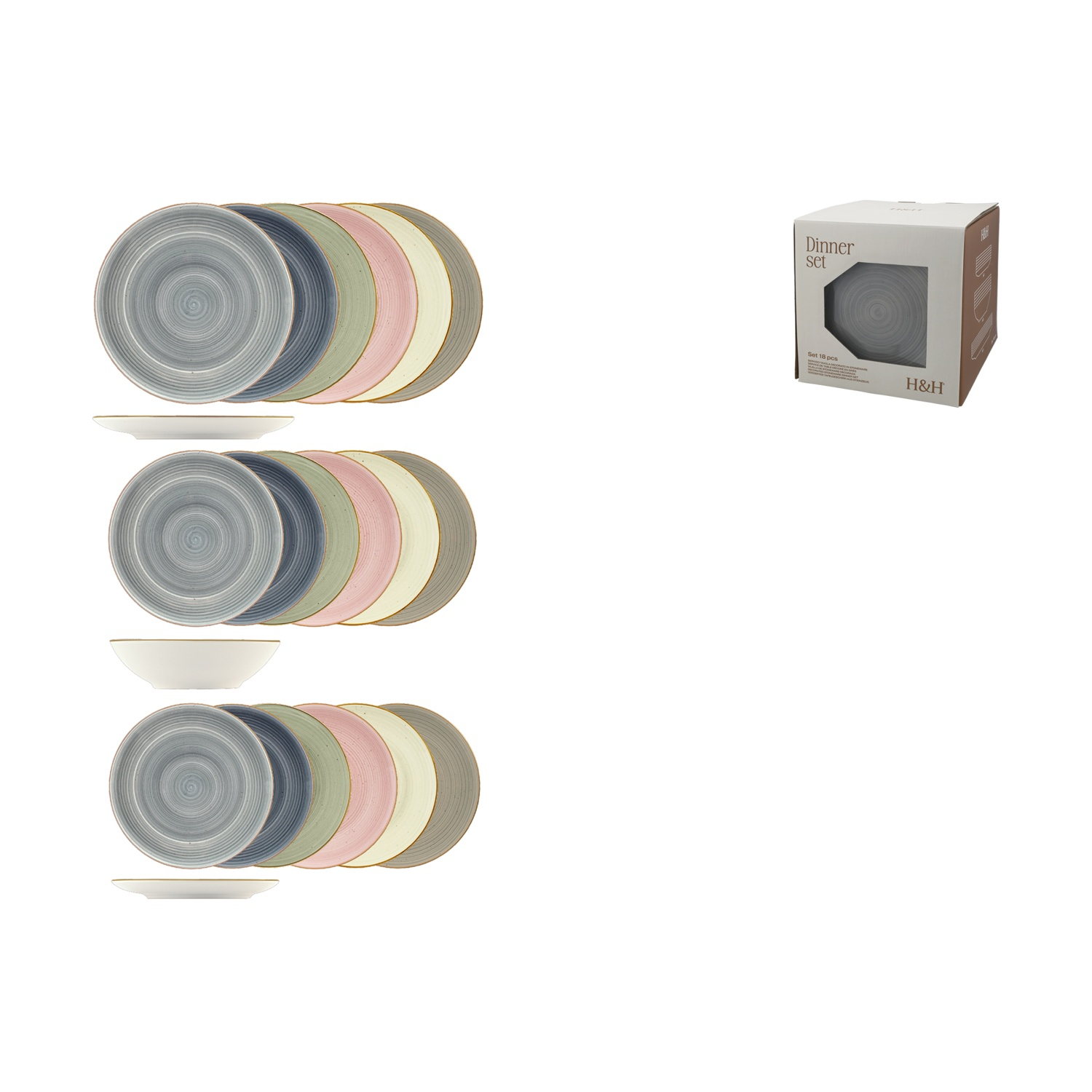 Un set da tavola di 18 pezzi in vari colori pastello con motivo a spirale e confezione.