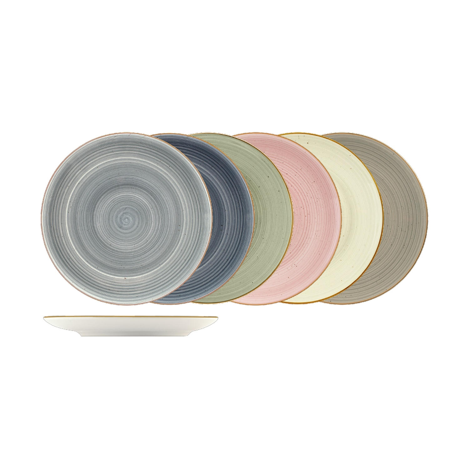 Sei piatti colorati e testurizzati in grigio, blu, verde, rosa, giallo e marrone, con un piatto visto di lato.