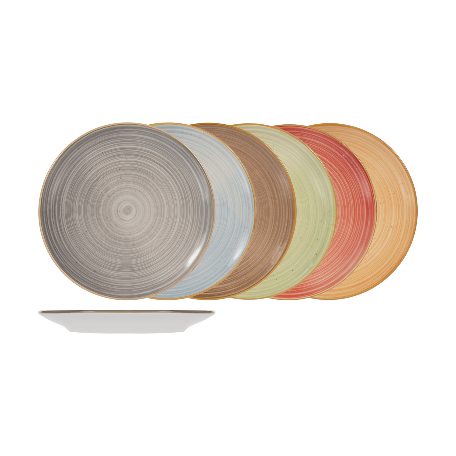 Sei piatti in ceramica colorati con motivi scanalati in grigio, blu, marrone, verde, rosso e arancione su bianco.