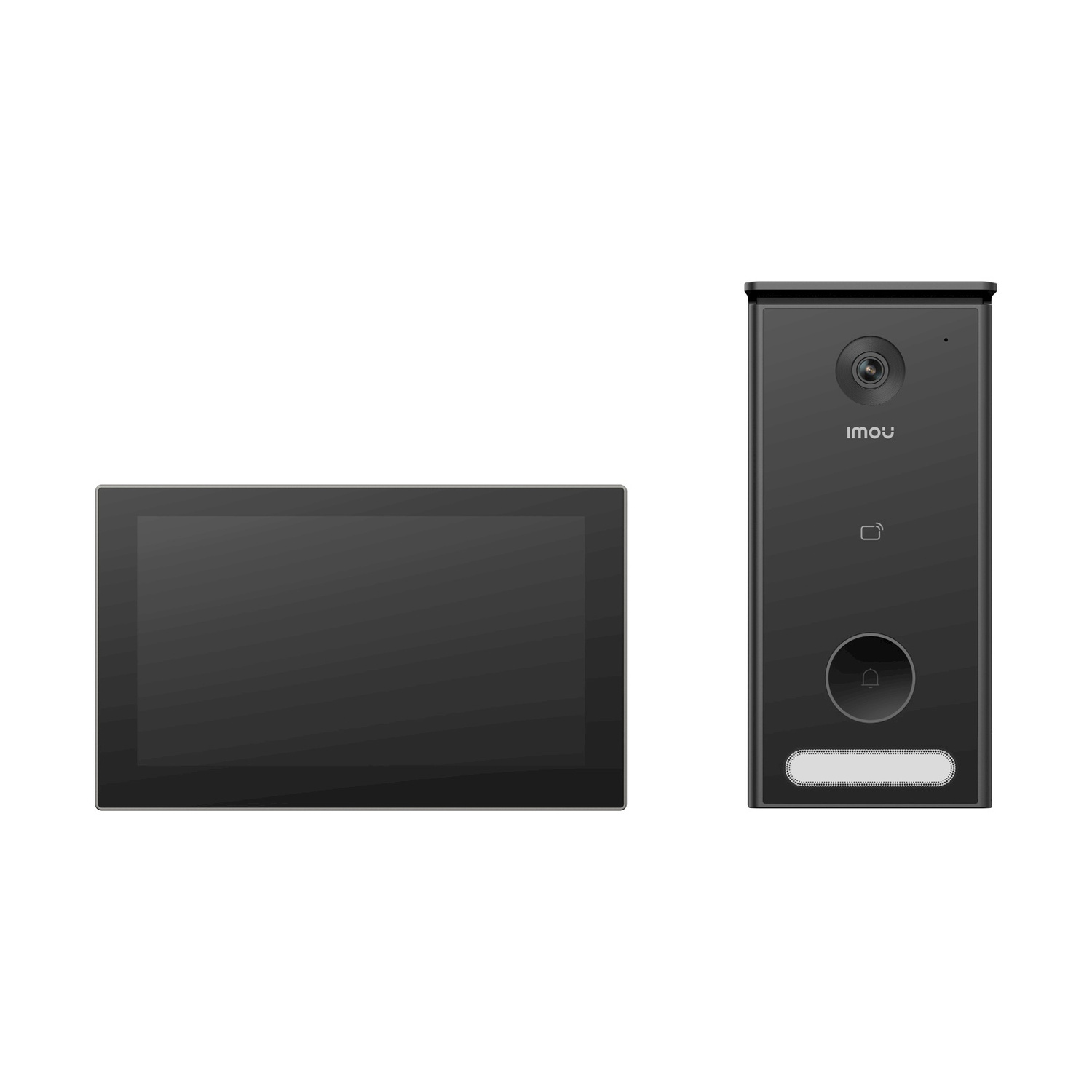 Un kit videocitofono nero con monitor e targa esterna su sfondo bianco.