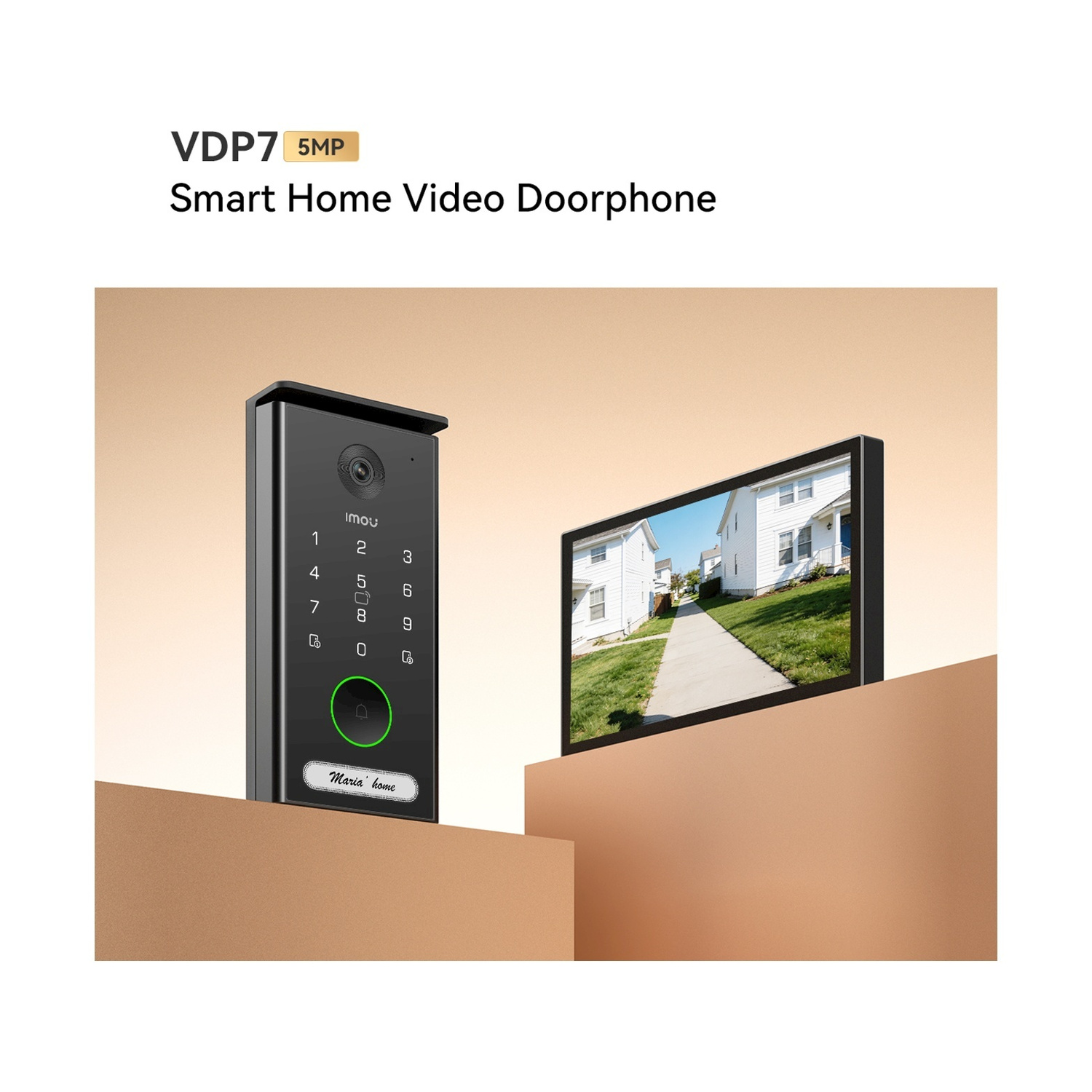Un videocitofono smart VDP7 con tastierino e schermo che mostra una strada residenziale.