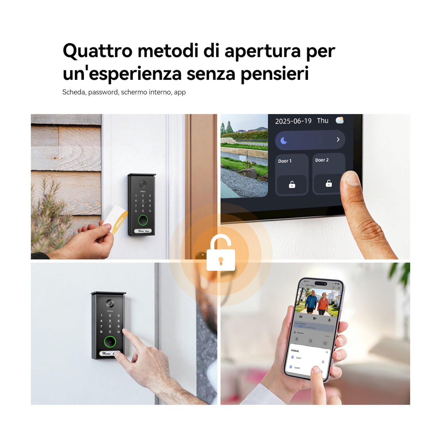 Quattro metodi di apertura: scheda, password, schermo interno e app.