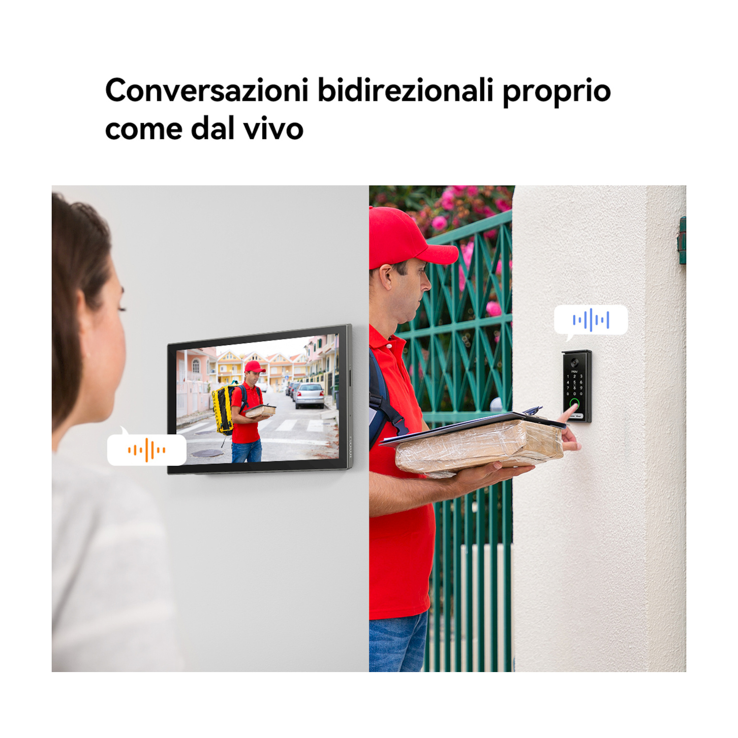 Una donna in casa parla tramite un monitor con un corriere alla porta.
