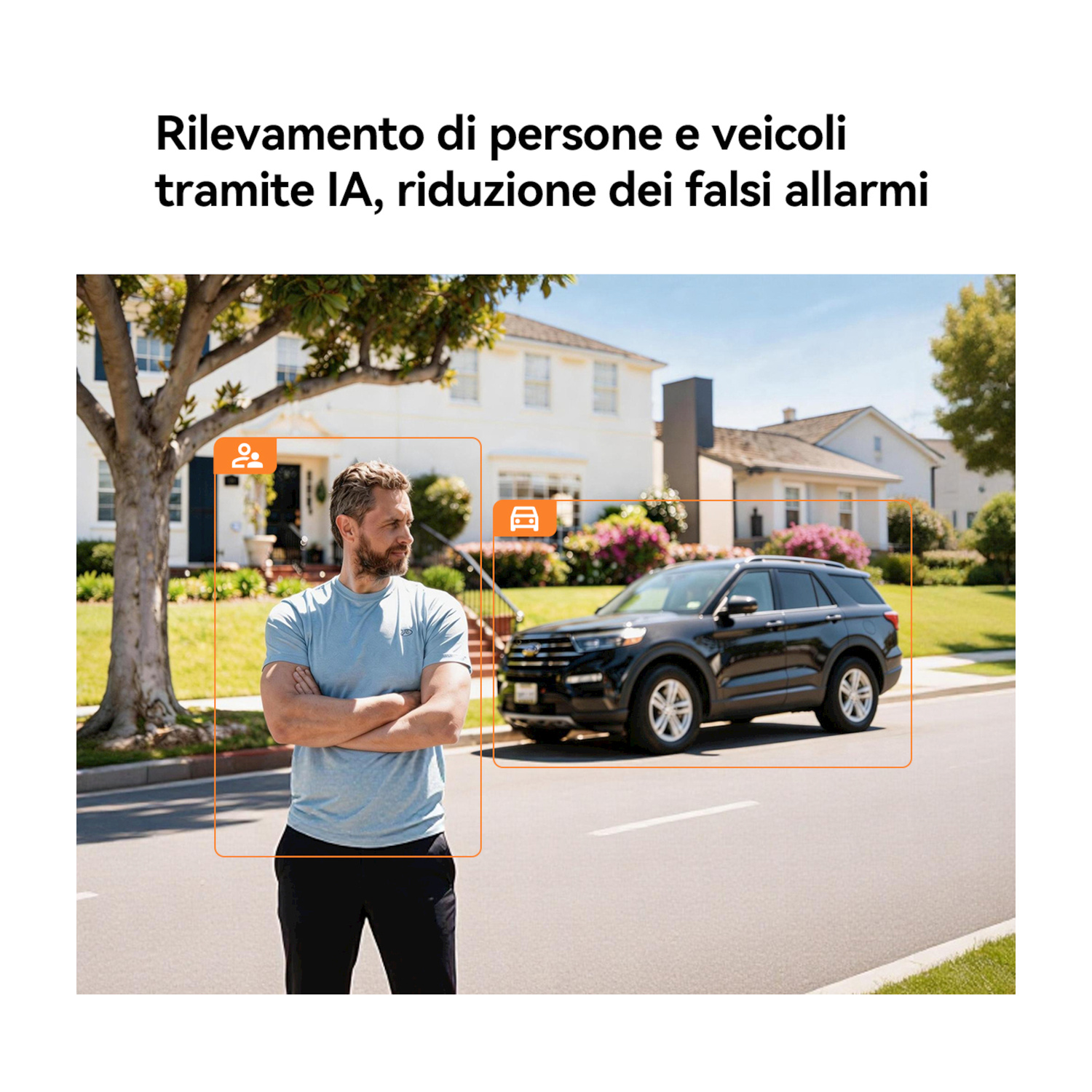 Rilevamento di persone e veicoli tramite IA, riduzione dei falsi allarmi, con un uomo e un'auto in strada.