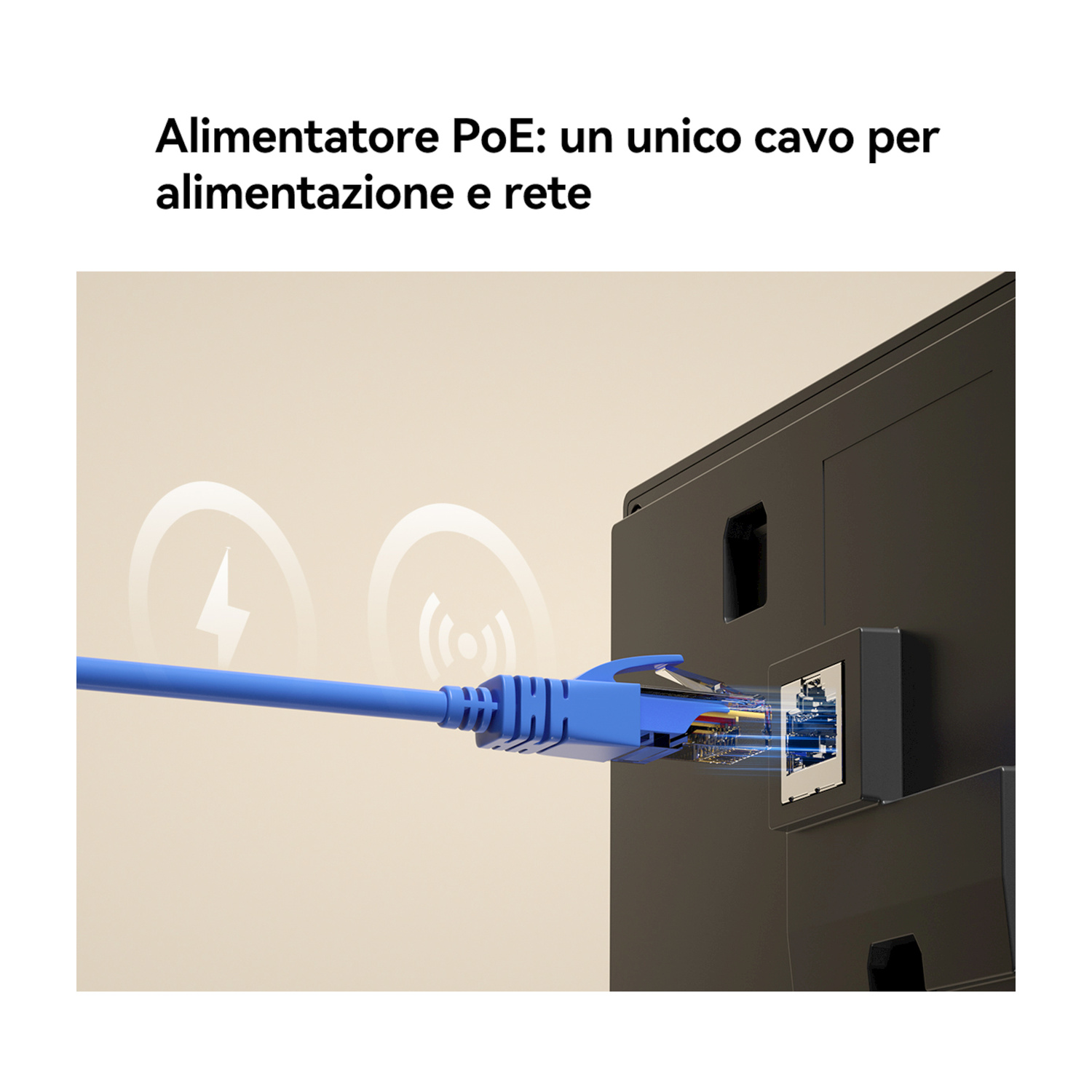 Un cavo Ethernet blu è collegato a una porta nera.