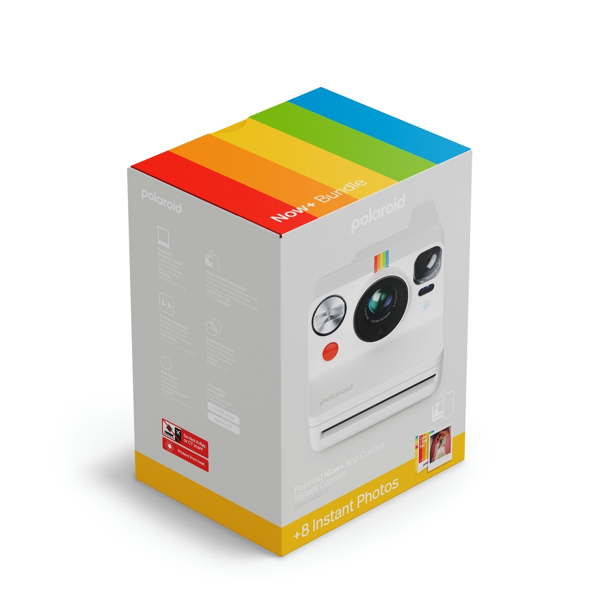 Eine Polaroid Now+ Kamera-Produktbox auf weißem Hintergrund mit einer weißen Kamera und buntem Regenbogen oben.