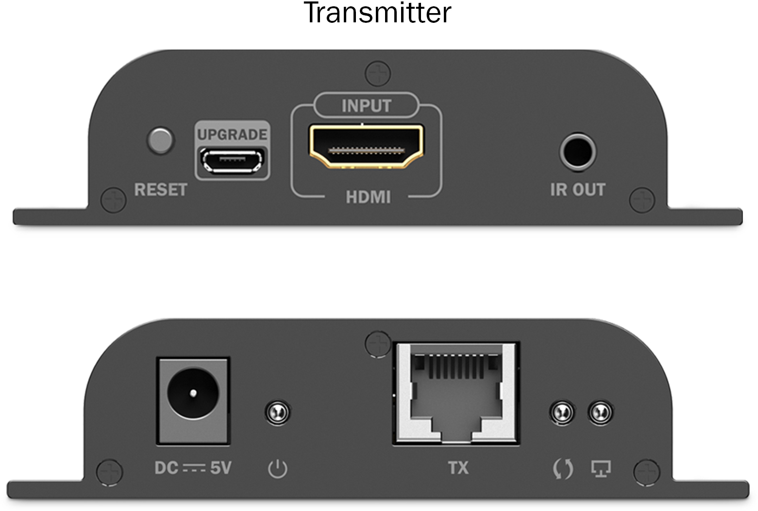 Vorder- und Rückseite eines schwarzen Senders mit HDMI-, USB-, IR-, Strom- und Ethernet-Anschlüssen.