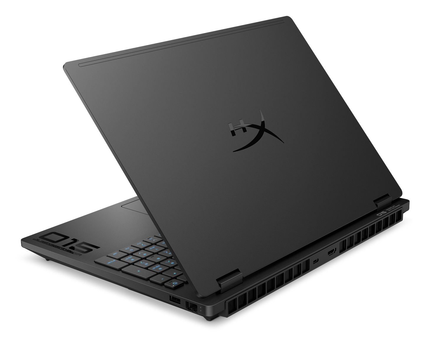 Czarny laptop z zamkniętą pokrywą i świecącymi na niebiesko klawiszami na ciemnym tle.