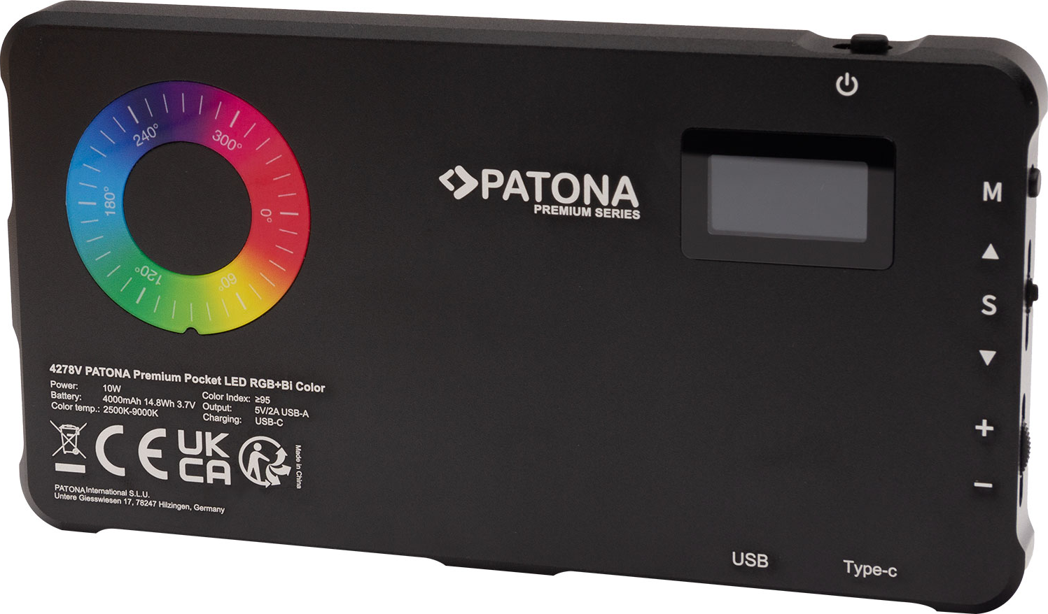 Lumière LED de poche Patona Premium noire avec anneau de couleur, écran et boutons.