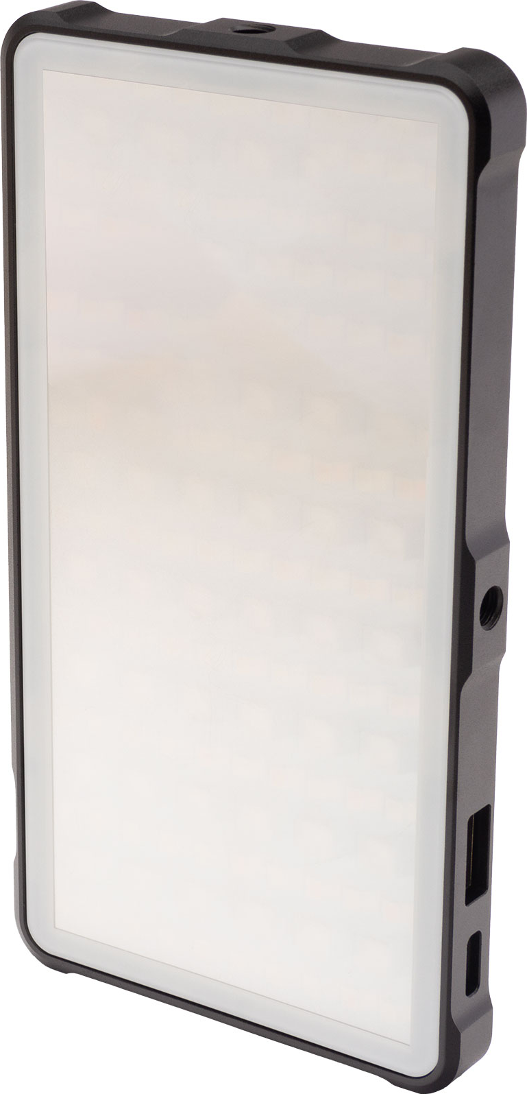 Un panneau LED noir rectangulaire avec une grande surface lumineuse blanche et des ports de connexion sur le côté.