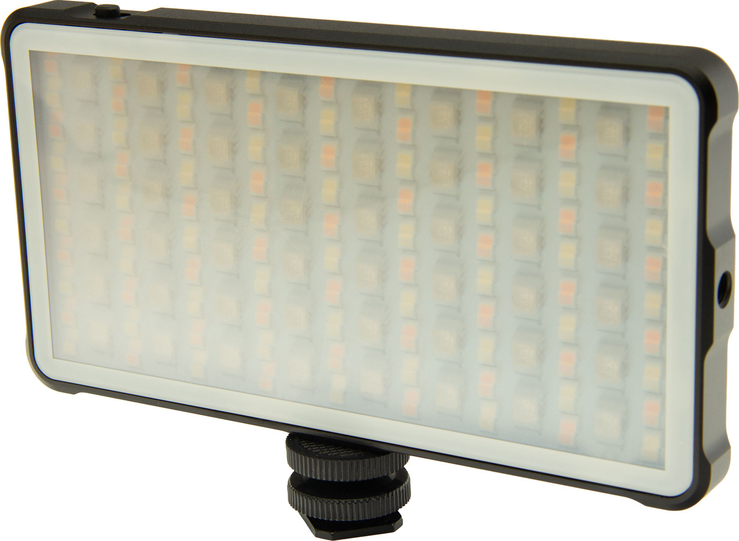Lampe vidéo LED noire avec diffuseur et petites diodes jaunes et oranges intégrées sur fond blanc.