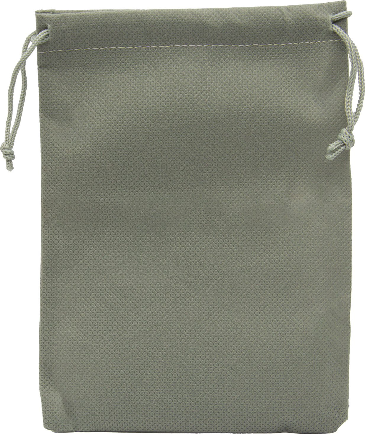 Une pochette en tissu gris avec cordon sur fond blanc.