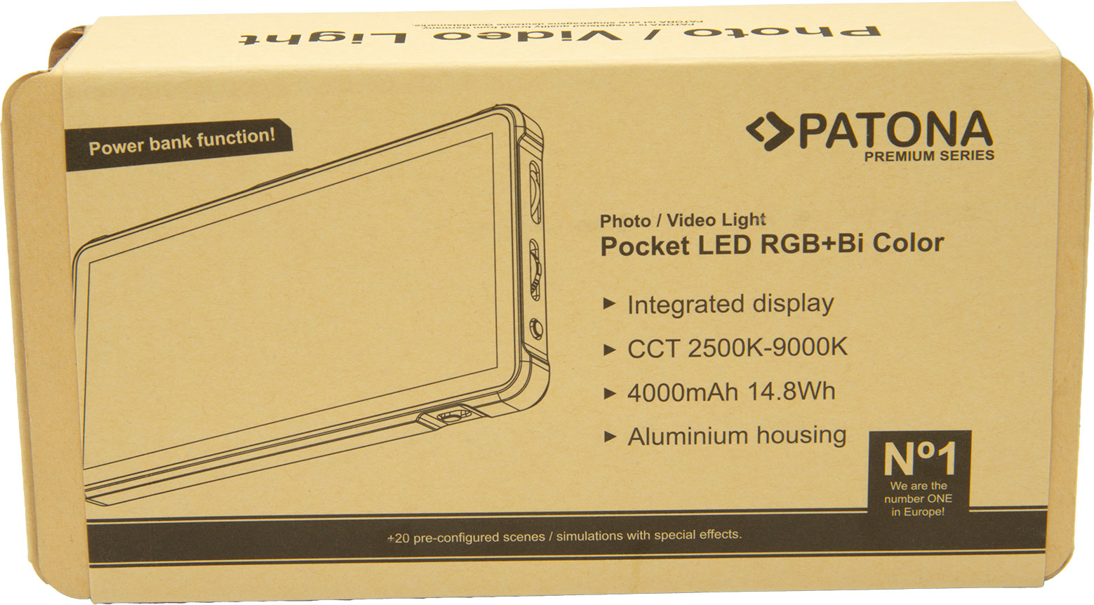 Boîte en carton d'une lampe vidéo LED RGB+Bi Color Patona Pocket avec caractéristiques.