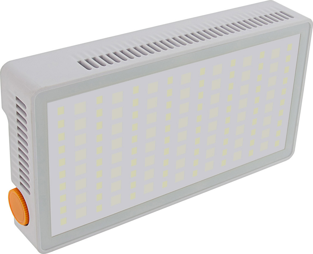 Panneau lumineux LED blanc portable avec des lumières rectangulaires et une molette orange.