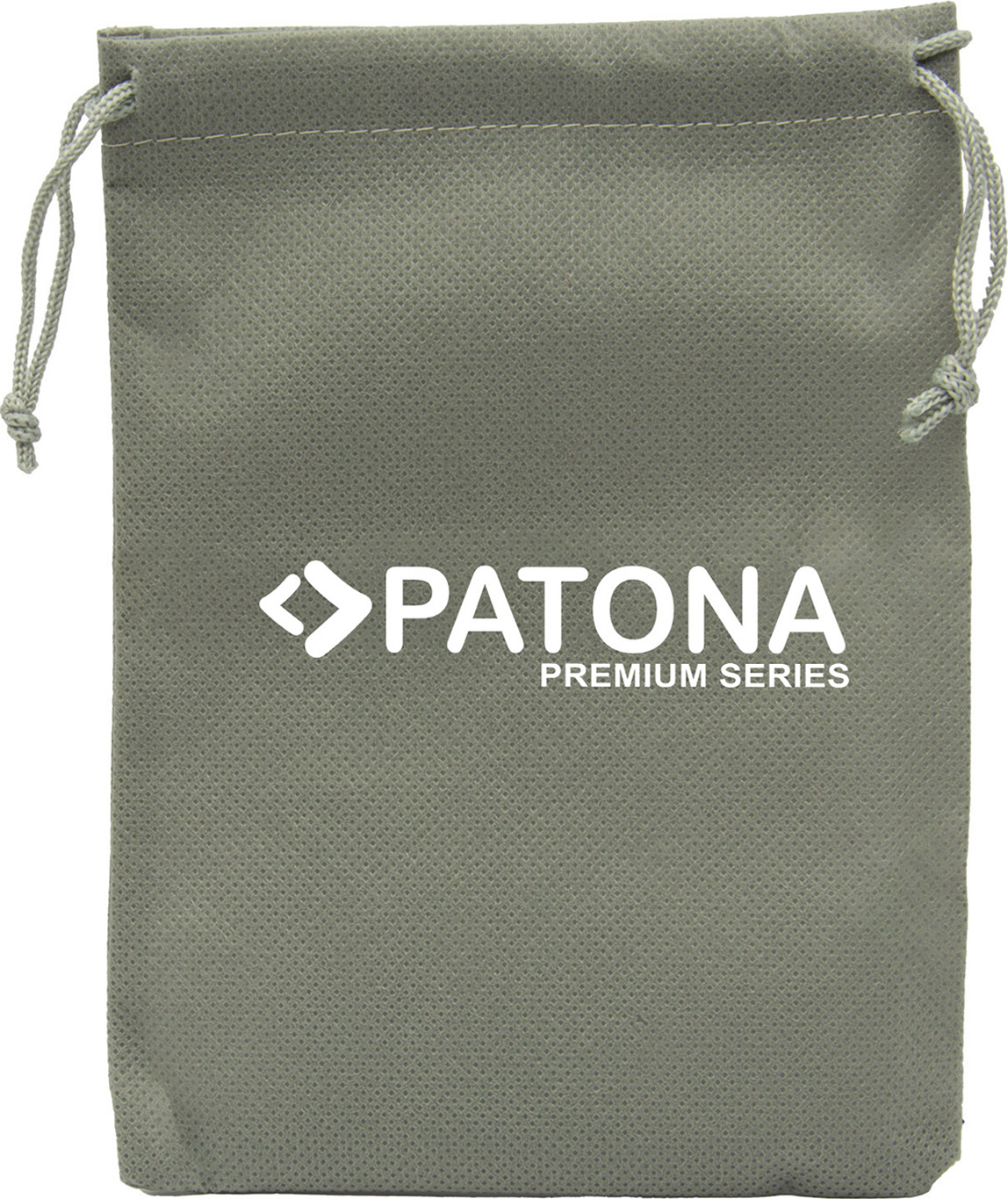 Une pochette grise à cordon avec le logo blanc Patona Premium Series sur le devant.