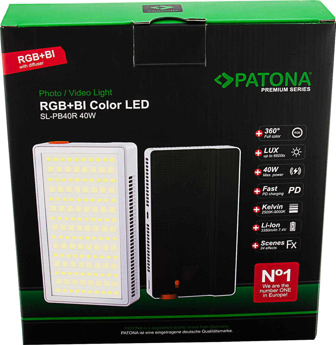 Emballage de la lampe photo LED Patona Premium SL-PB40R en noir et vert avec les détails du produit.