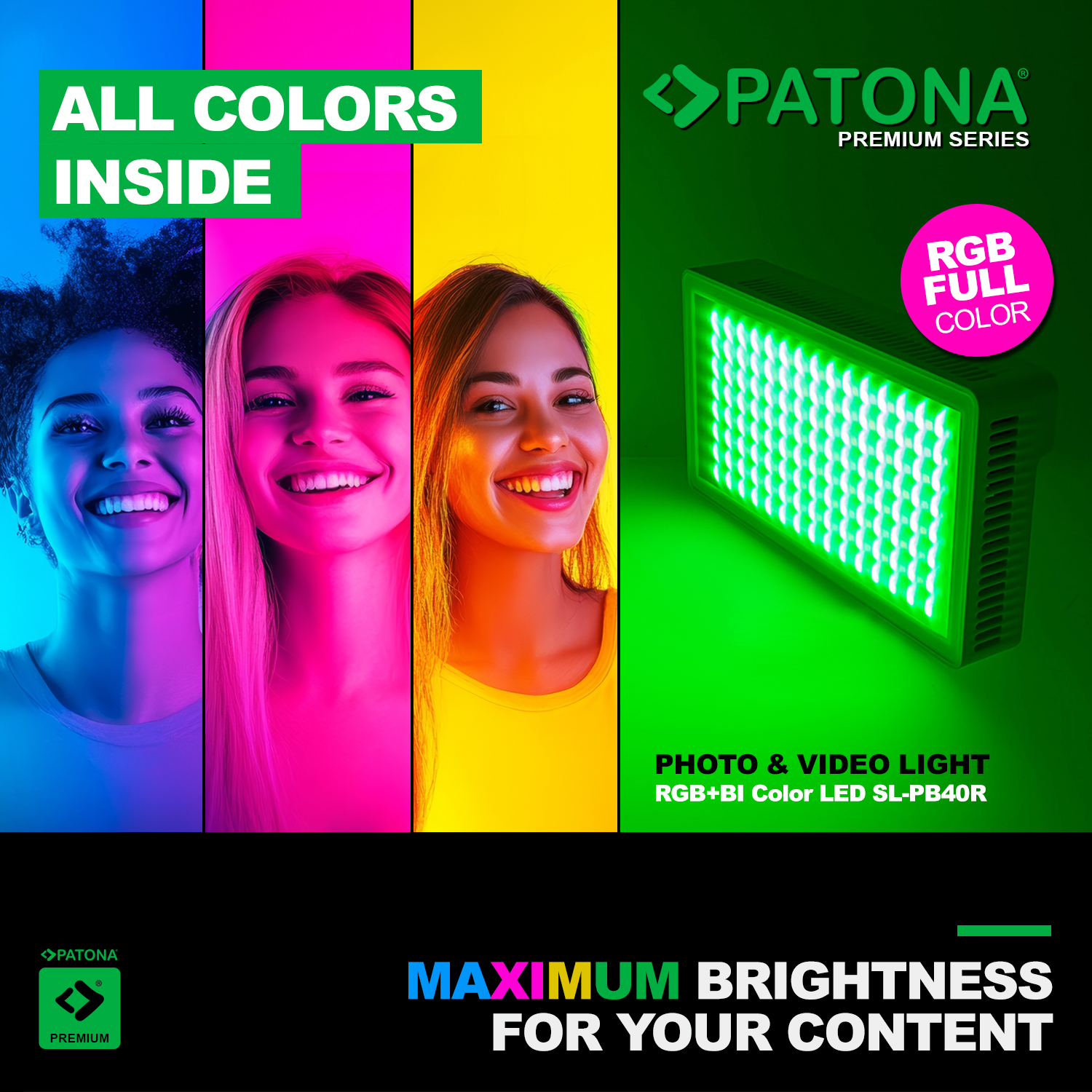 Image promotionnelle pour lampe LED avec trois femmes éclairées et le texte 'All Colors Inside'.