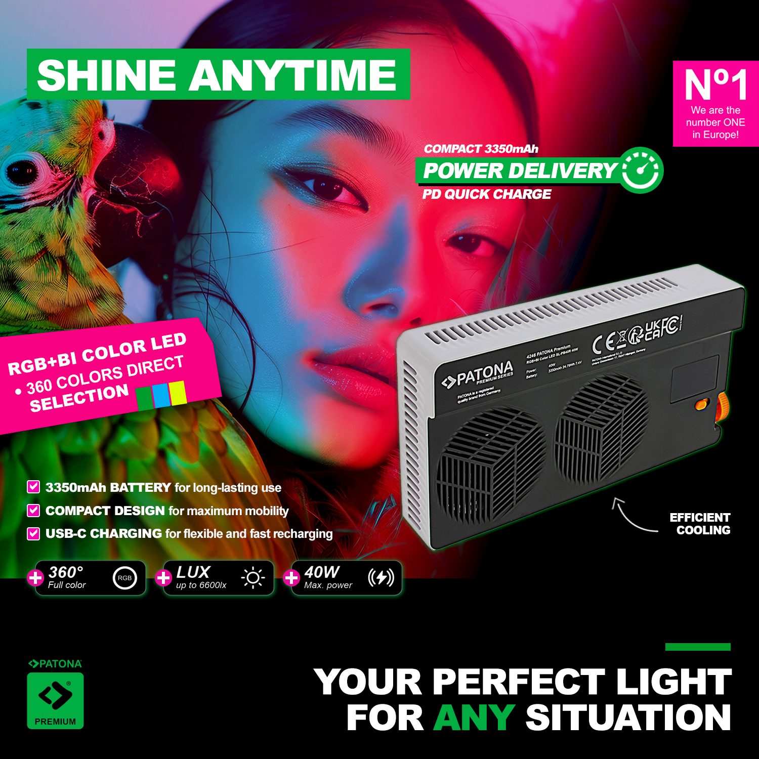 Lampe LED Patona avec effets lumineux colorés, une femme en arrière-plan et texte promotionnel.