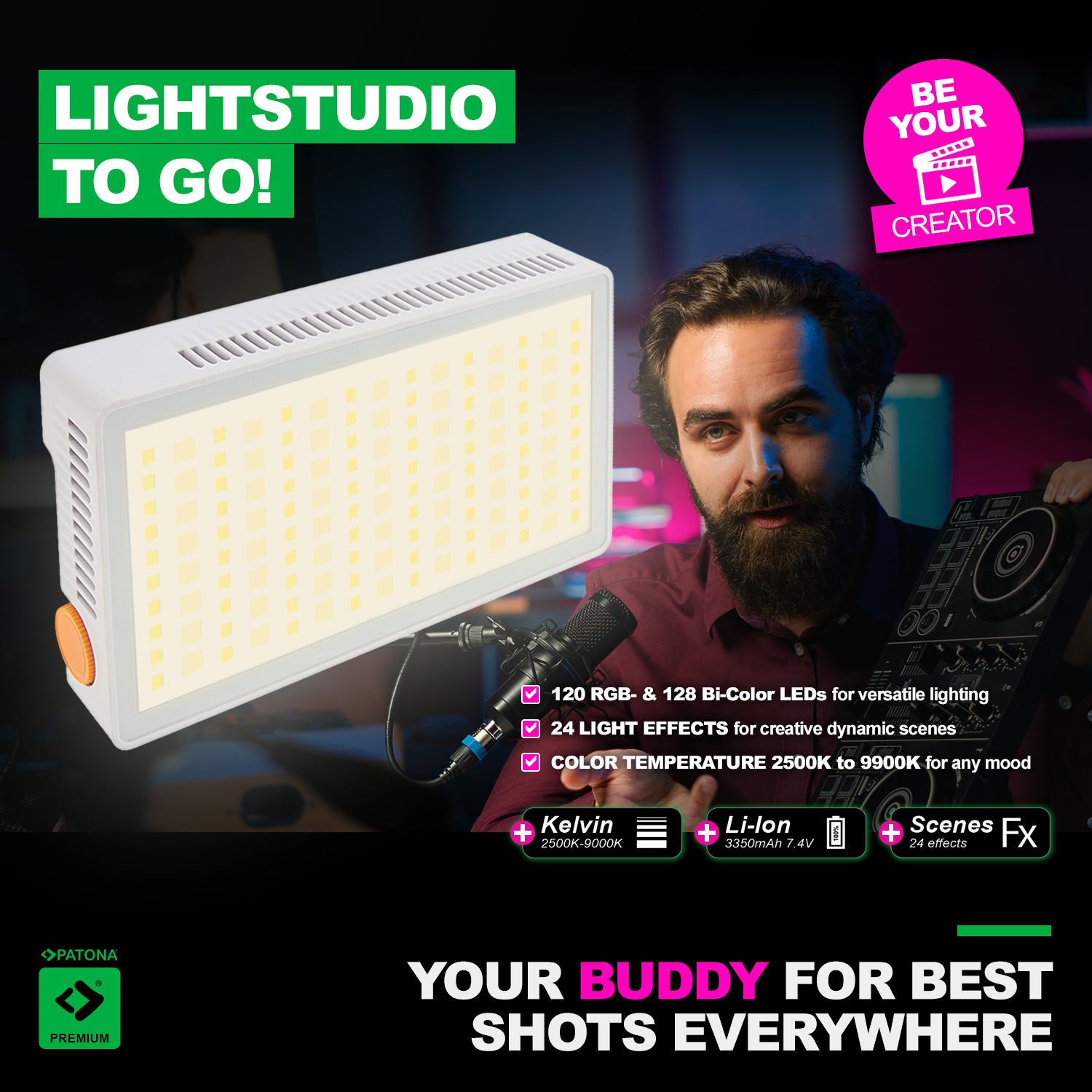 Un panneau lumineux LED blanc, un homme barbu avec un microphone, texte et graphiques.