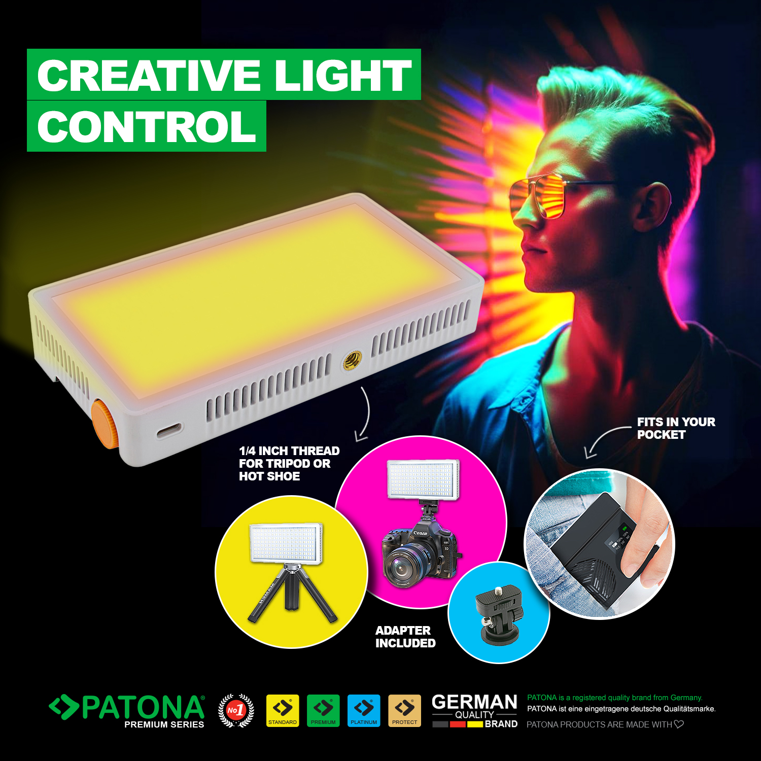 Panneau LED portable avec lumière jaune vive et accessoires d'appareil photo sur fond sombre.