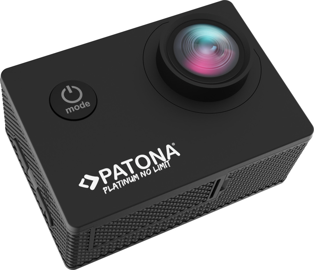 Caméra d'action PATONA noire avec objectif rond, bouton de mode d'alimentation et corps texturé.