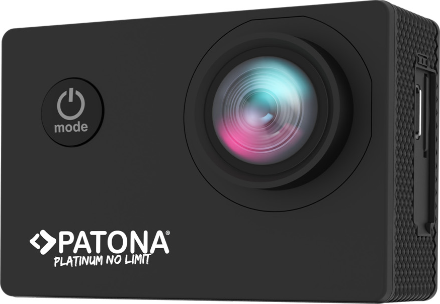 Une caméra d'action Patona noire avec objectif rond, bouton d'alimentation et logo blanc.