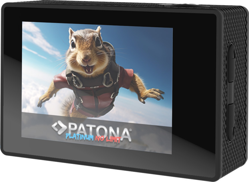 Une caméra d'action noire affiche un écureuil en chute libre à l'écran avec le logo Patona.