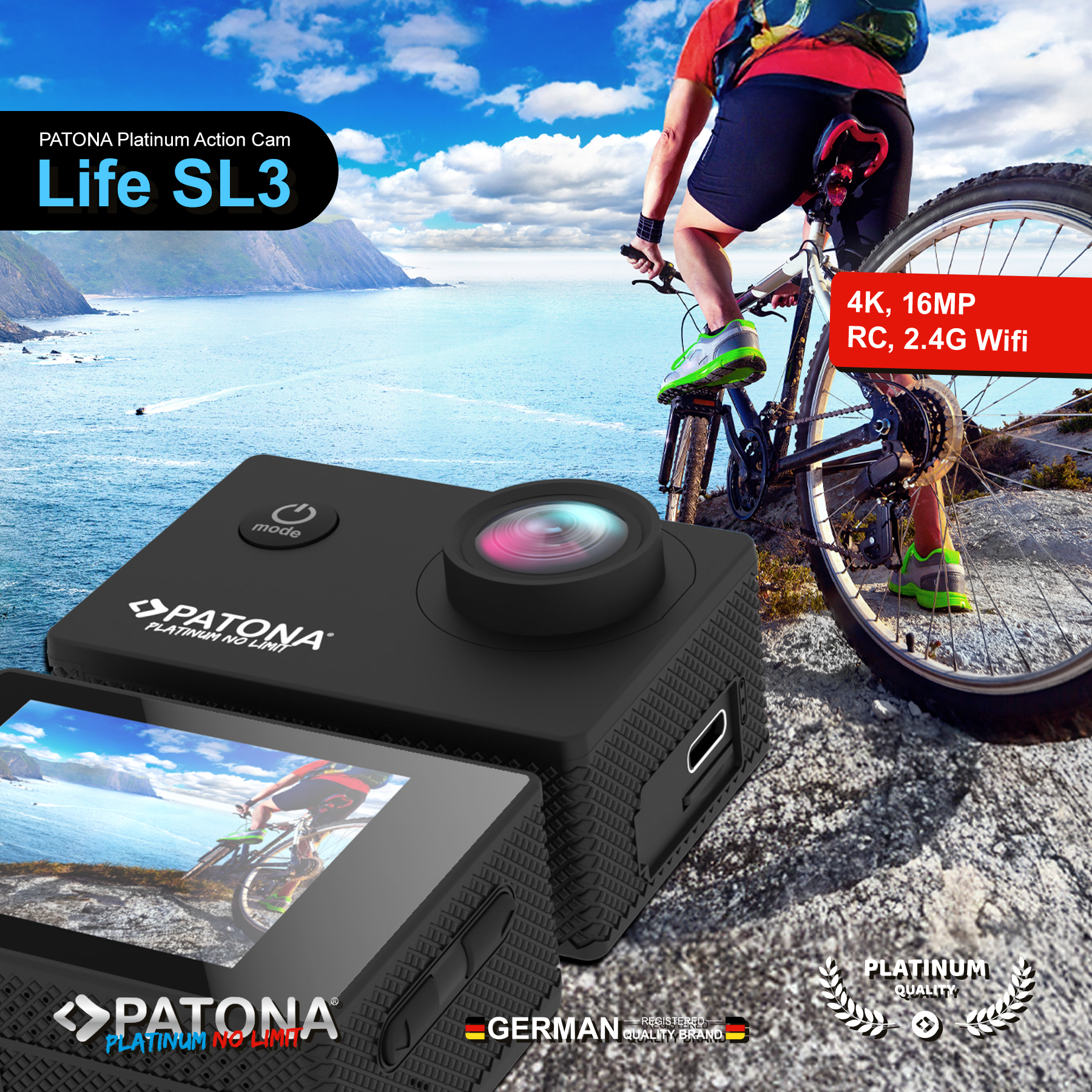 Caméra d'action Patona Life SL3 avec fond cycliste côtier, affichant ses caractéristiques.