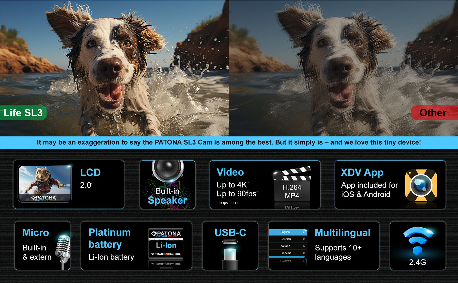 Images comparatives de caméra avec un chien dans l'eau et icônes de fonctions comme LCD, vidéo, batterie et Wi-Fi.