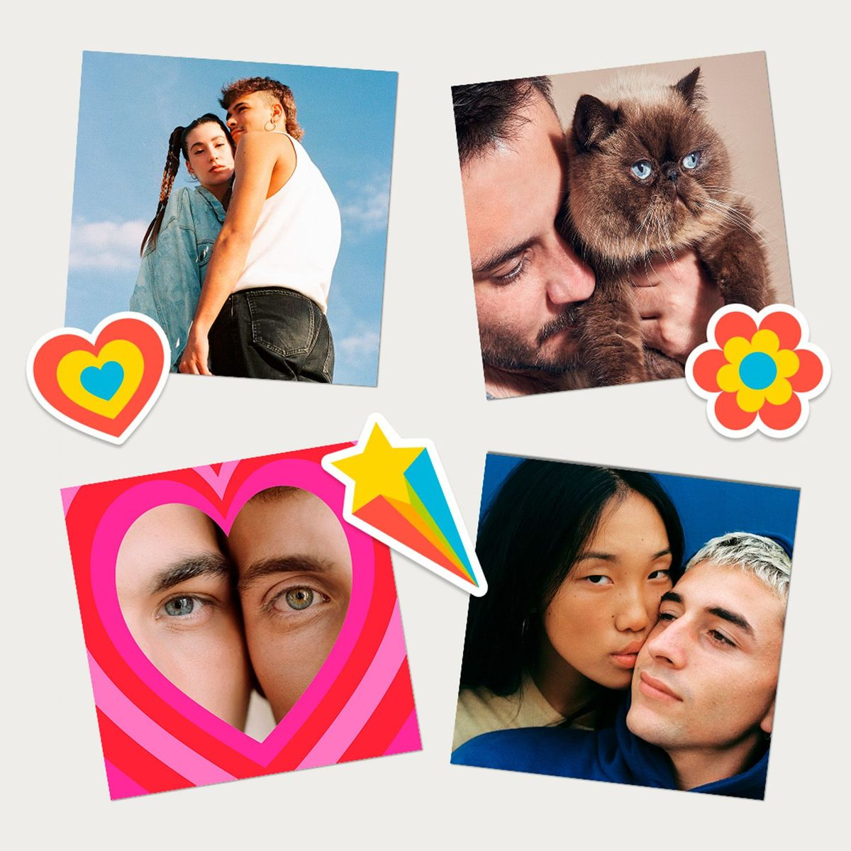 Eine Collage aus vier Fotos mit Menschen, einer Katze und bunten Aufklebern.