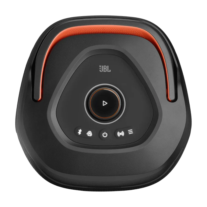 Parte superior de un altavoz JBL negro con luz naranja, botón de reproducción central e iconos de control.