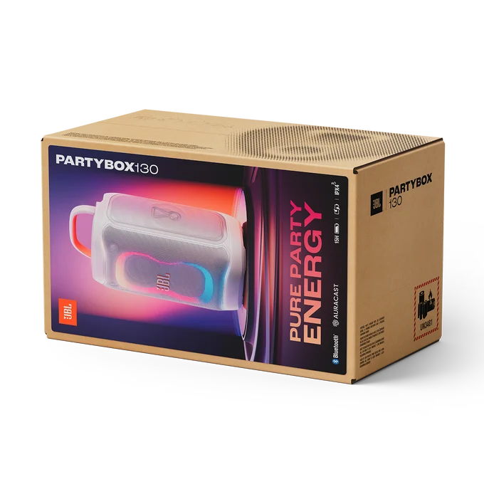 Una caja de cartón marrón para el altavoz Bluetooth portátil JBL PartyBox 130 sobre fondo negro.