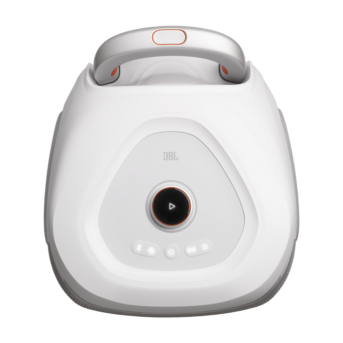 Vista superior de un altavoz Bluetooth JBL blanco con asa, botón de reproducción central e iconos de control sobre fondo negro.