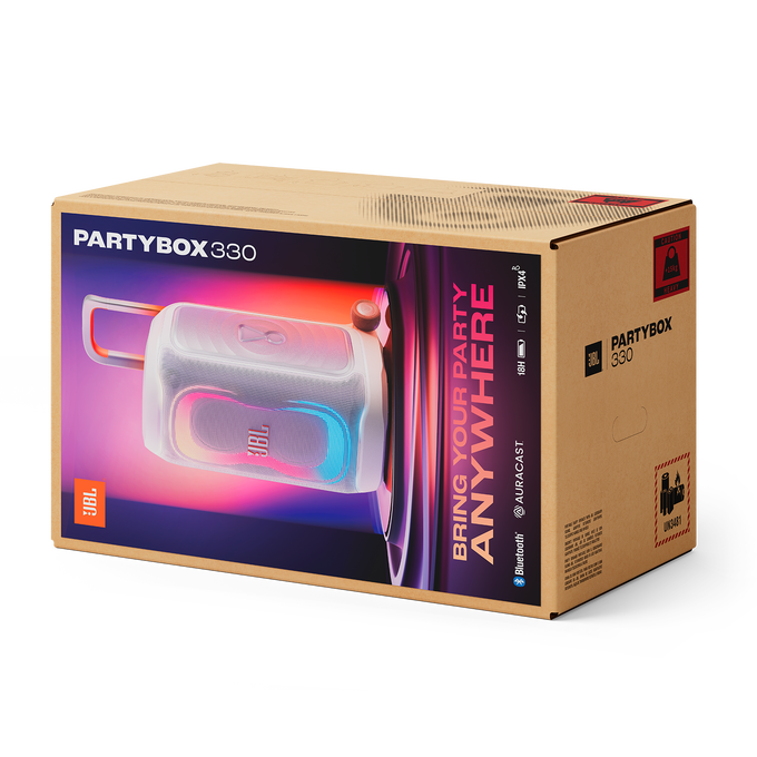 Una caja de cartón con el logotipo de JBL PartyBox 330 y gráfico de producto sobre fondo negro.