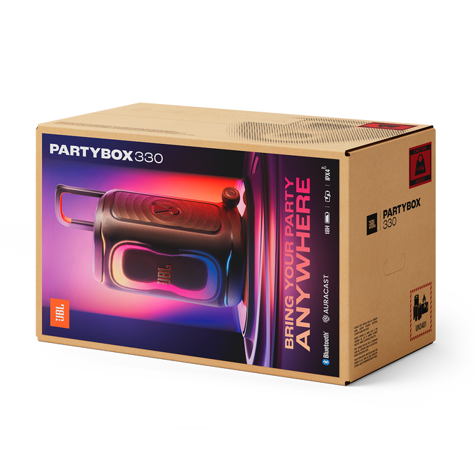 Caja de cartón marrón del altavoz JBL PartyBox 330 con gráficos coloridos.
