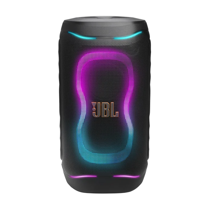 Altavoz Bluetooth JBL portátil negro con luces LED brillantes en rosa y azul sobre fondo negro.